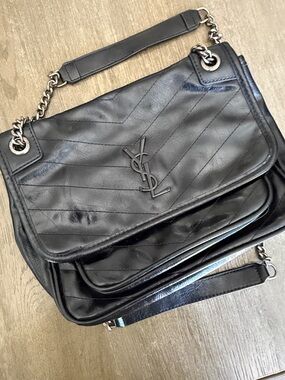 Black Quilted Leather Shoulder Bag with Silver Chain